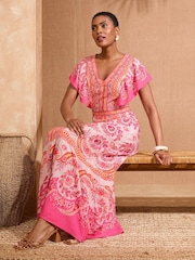 Love & Roses Ivory Woodblock Printed V-Neck Flutter Sleeve Maxi Dress With Linen - Image 3 of 4
