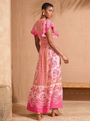 Love & Roses Ivory Woodblock Printed V-Neck Flutter Sleeve Maxi Dress With Linen - Image 4 of 4
