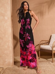 Love & Roses Pink and Black Tropical Print Halter Neck Maxi Dress - Image 1 of 4