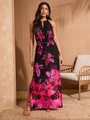 Love & Roses Pink and Black Tropical Print Halter Neck Maxi Dress - Image 4 of 4