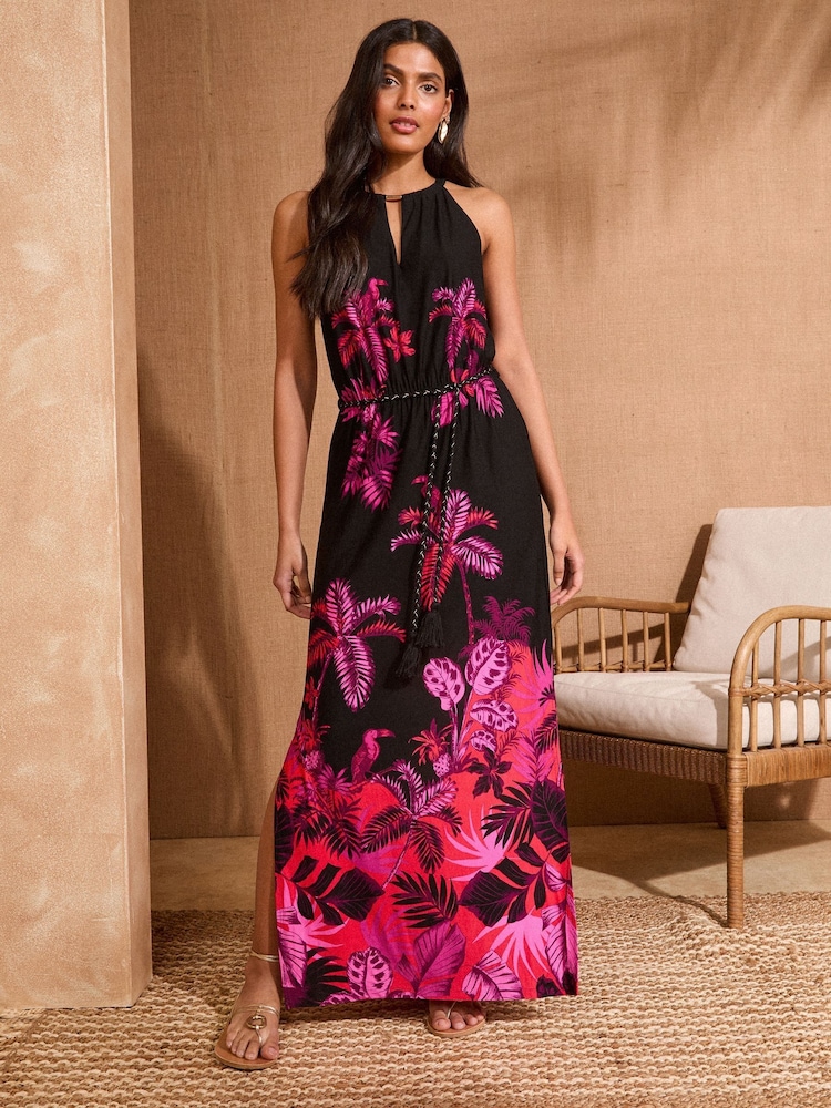 Love & Roses Pink and Black Tropical Print Halter Neck Maxi Dress - Image 4 of 4