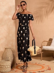 Love & Roses Black Foil Print Bardot Midi Dress - Image 1 of 4