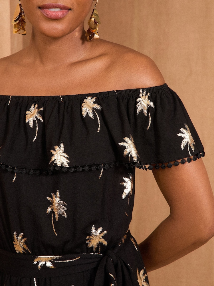 Love & Roses Black Foil Print Bardot Midi Dress - Image 2 of 4