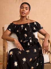 Love & Roses Black Foil Print Bardot Midi Dress - Image 3 of 4