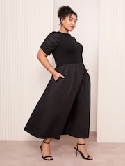Friends Like These Black Curve Cotton Mix Ruched Sleeve Midi Dress - Image 1 of 4