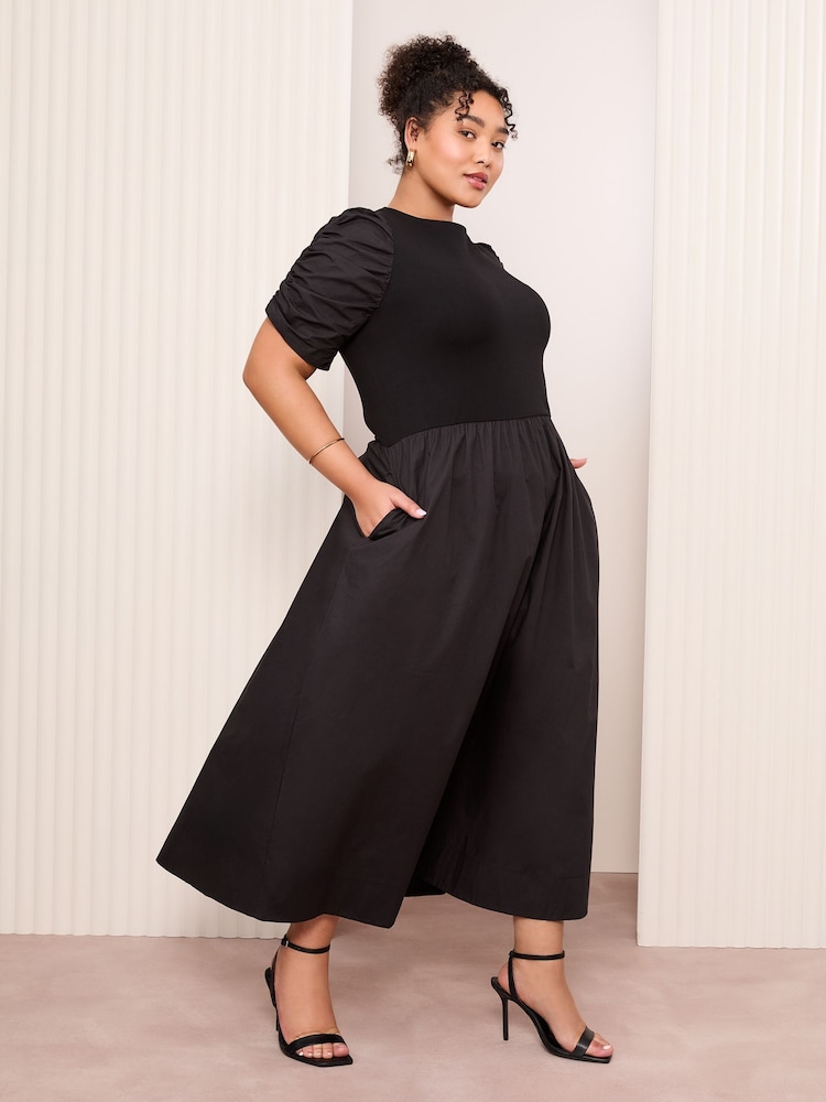 Friends Like These Black Curve Cotton Mix Ruched Sleeve Midi Dress - Image 1 of 4
