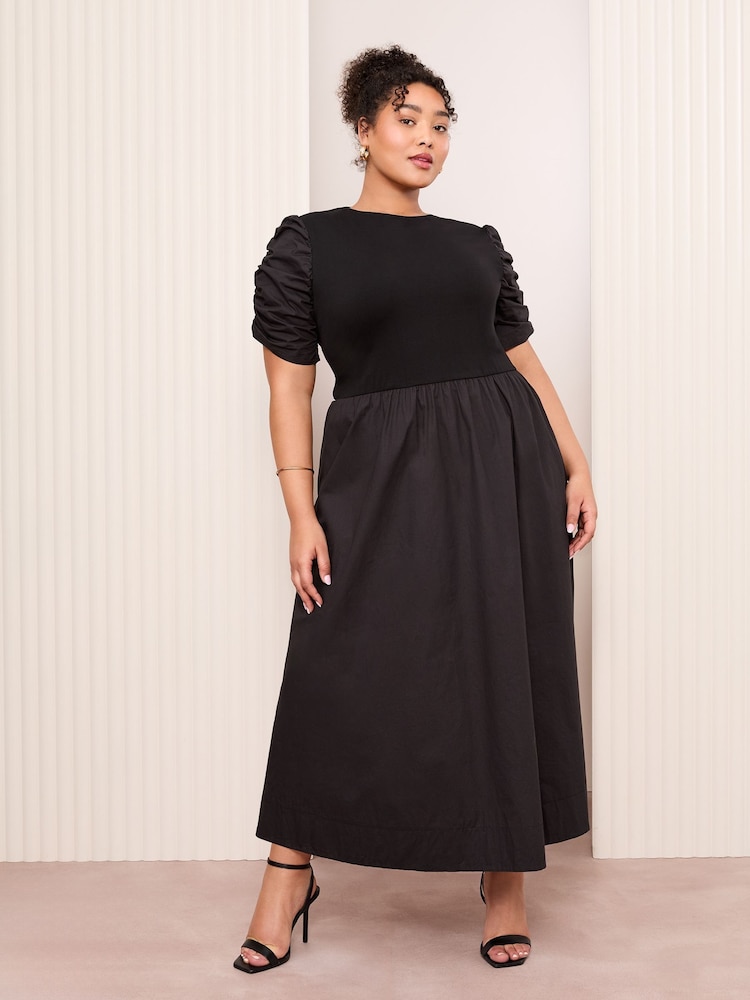Friends Like These Black Curve Cotton Mix Ruched Sleeve Midi Dress - Image 2 of 4