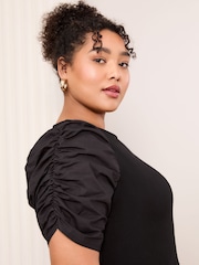 Friends Like These Black Curve Cotton Mix Ruched Sleeve Midi Dress - Image 3 of 4