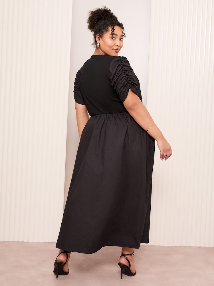 Friends Like These Black Curve Cotton Mix Ruched Sleeve Midi Dress - Image 4 of 4