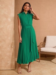 Love & Roses Green Pleated Tipped Scallop Midi Shirt Dress - Image 1 of 4