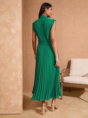 Love & Roses Green Pleated Tipped Scallop Midi Shirt Dress - Image 3 of 4