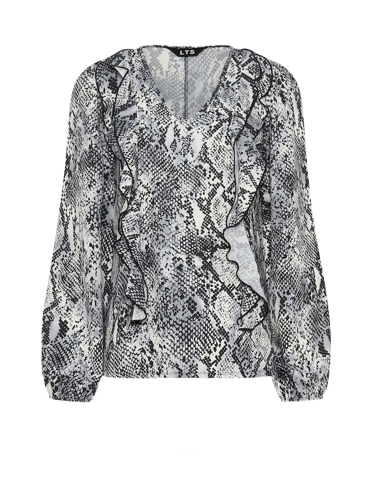 Long Tall Sally Grey Woven Snake Print Frill Blouse - Image 5 of 5