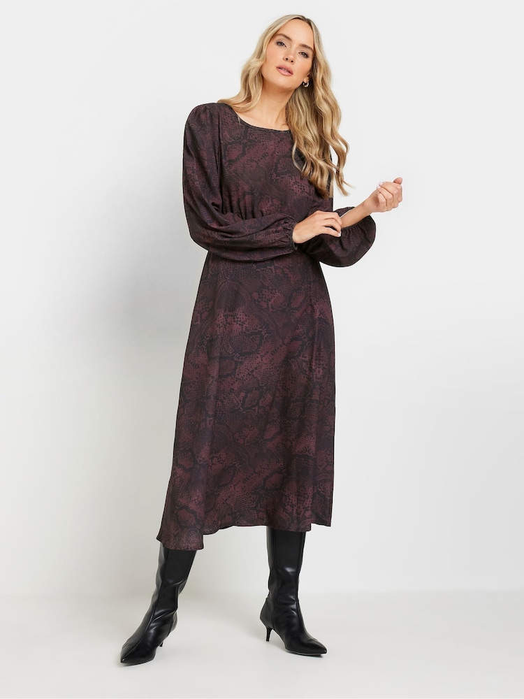 Long Tall Sally Burgundy Red Snake Print Tea Midi Dress - Image 1 of 5