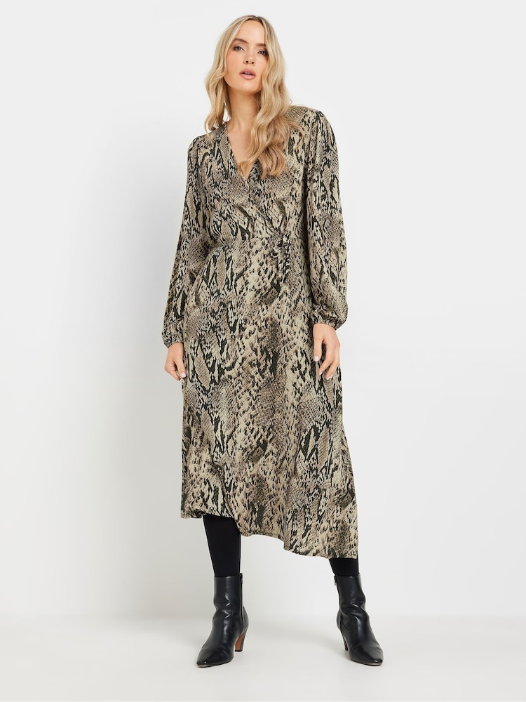 Long Tall Sally Beige Brown Snake Print Wrap Midi Dress - Image 1 of 5