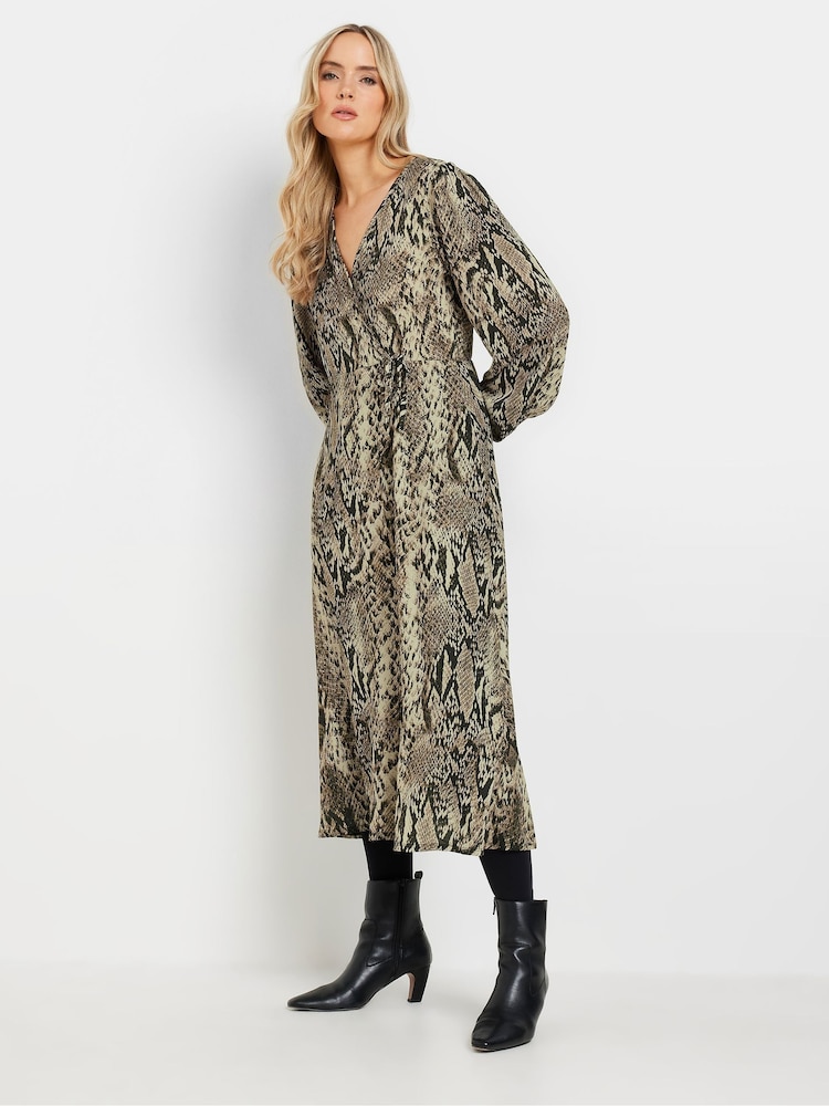 Long Tall Sally Beige Brown Snake Print Wrap Midi Dress - Image 2 of 5