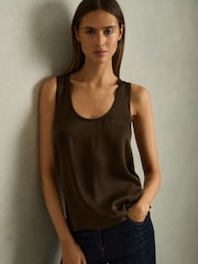 Reiss Chocolate Ruby Silk-Front Cami Top - Image 3 of 6