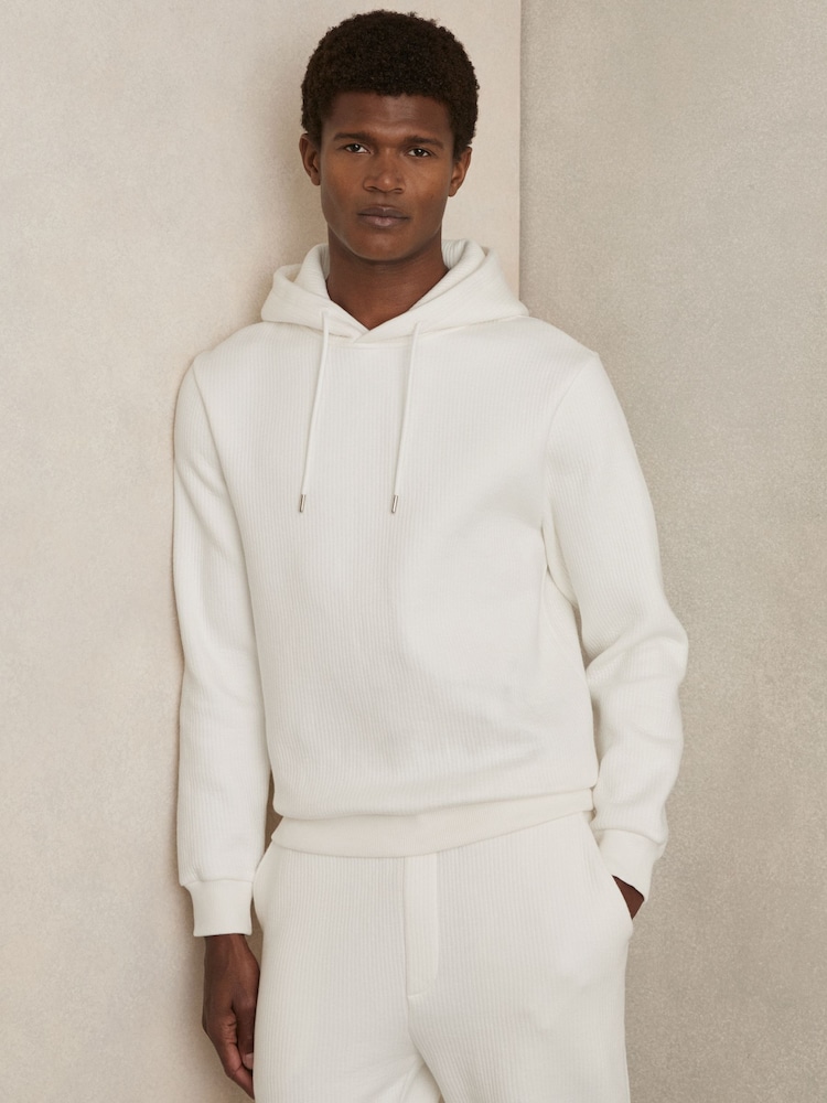Reiss White Arelo Cotton-Blend Rib-Knit Hoodie - Image 1 of 6