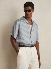 Reiss Blue Relic Monogram-Print Cuban-Collar Shirt - Image 3 of 6