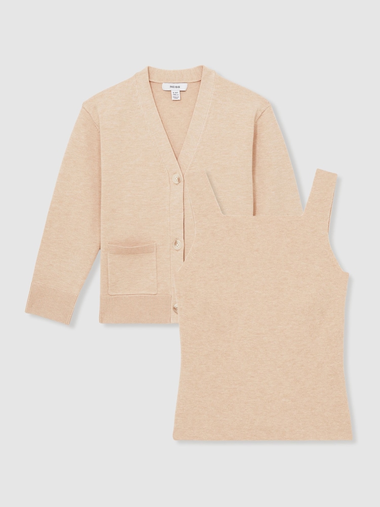 Reiss Camel Harper 13-14 yrs Compact Knit Top And Cardigan Set - Image 1 of 5