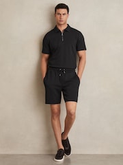 Reiss Black Amarillo Textured Drawstring Shorts - Image 1 of 6