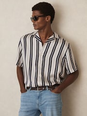 Reiss White/Navy Amos Wide-Stripe Cuban-Collar Shirt - Image 1 of 7