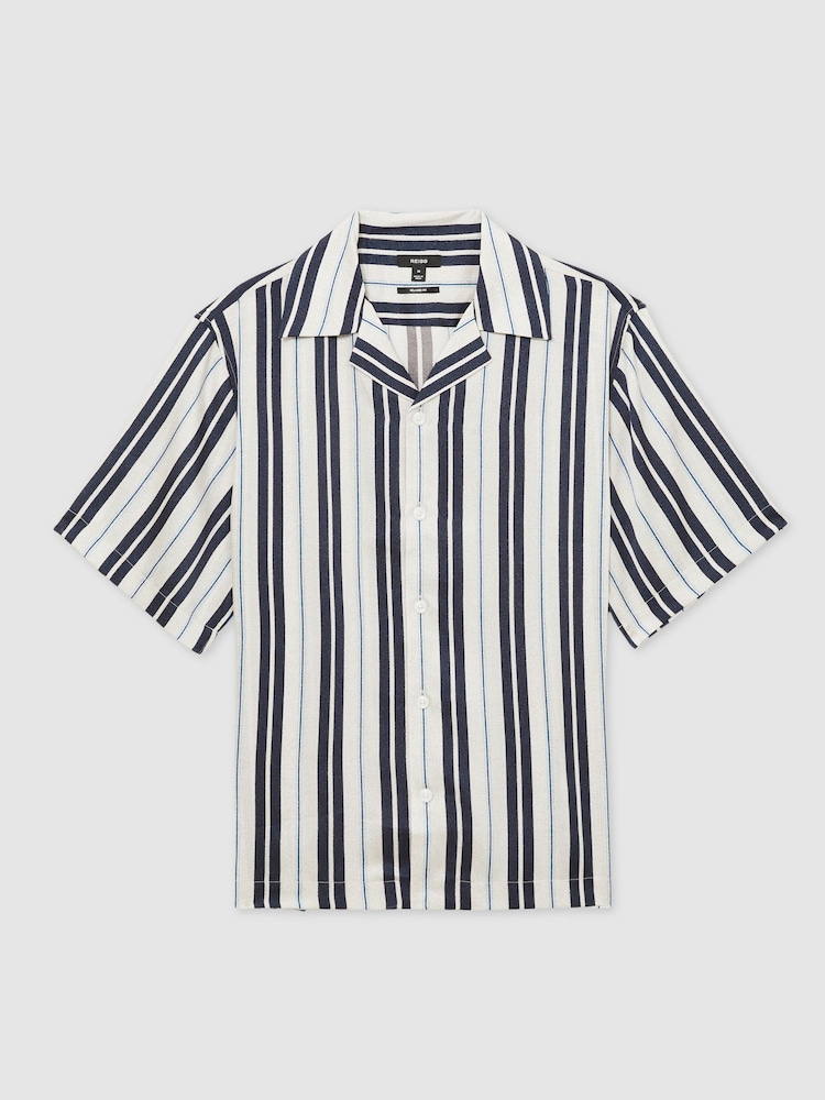 Reiss White/Navy Amos Wide-Stripe Cuban-Collar Shirt - Image 2 of 7