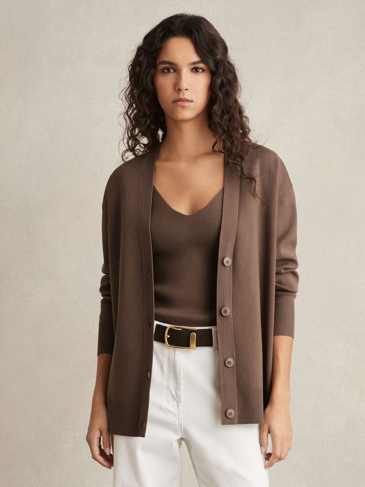 Vison - Cardigan à col en V en mélange de lyocell Reiss Lucy - Image 1 of 4
