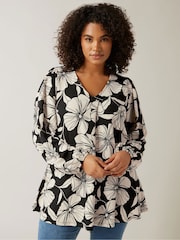Evans Curve Contrast Floral Print Crepe Black Swing Top - Image 1 of 5