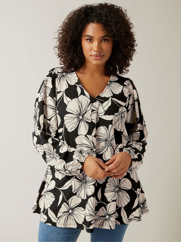 Evans Curve Contrast Floral Print Crepe Black Swing Top - Image 1 of 5