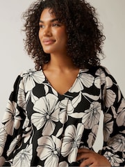 Evans Curve Contrast Floral Print Crepe Black Swing Top - Image 2 of 5