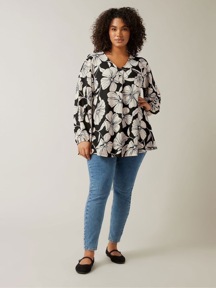 Buy Evans Curve Contrast Floral Print Crepe Black Swing Top from