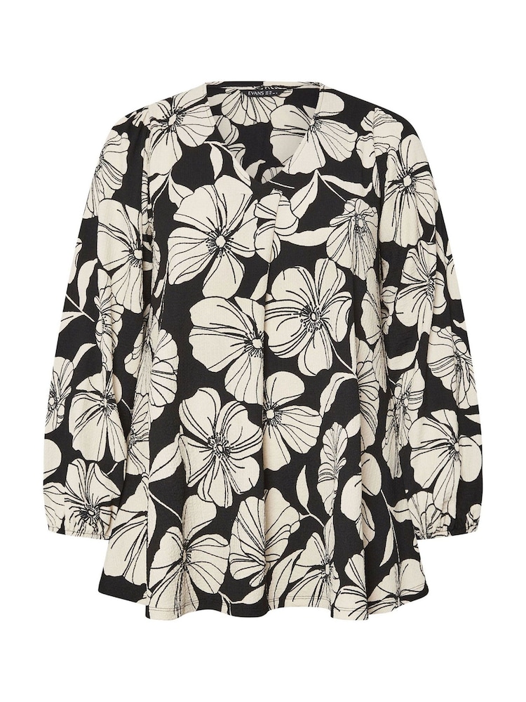 Evans Curve Contrast Floral Print Crepe Black Swing Top - Image 5 of 5