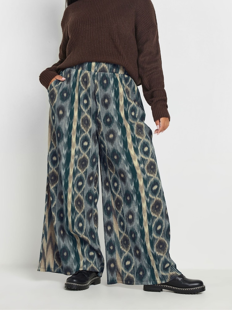 Yours Curve Blue Abstract Wide Leg Trousers - Image 1 of 5