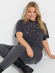 Yours Curve Grey Knitted Gem T-Shirt - Image 1 of 5