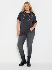 Yours Curve Grey Knitted Gem T-Shirt - Image 2 of 5