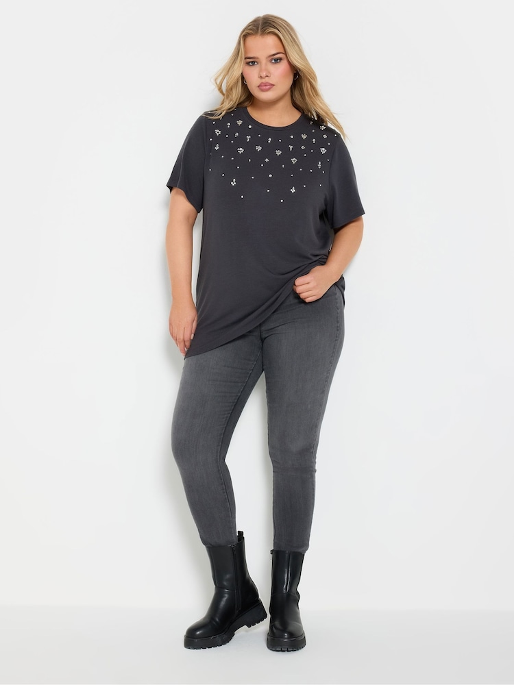 Yours Curve Grey Knitted Gem T-Shirt - Image 2 of 5