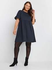 Yours Curve Blue Frill Sleeve Smock Tunic Dress - Image 1 of 5