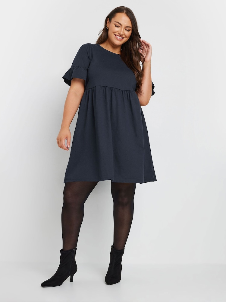 Yours Curve Blue Frill Sleeve Smock Tunic Dress - Image 1 of 5