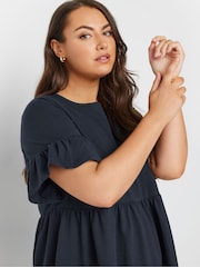 Yours Curve Blue Frill Sleeve Smock Tunic Dress - Image 4 of 5