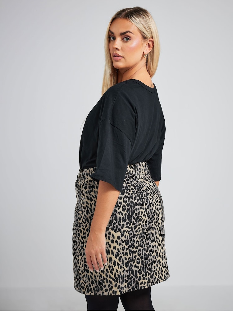 Yours Curve Natural Limited Denim Leopard Print Mini Skirt - Image 2 of 8
