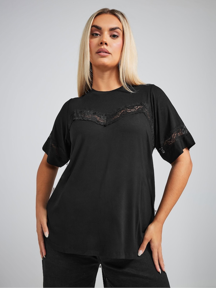 Yours Curve Black Limited Lace Insert Top - Image 1 of 5