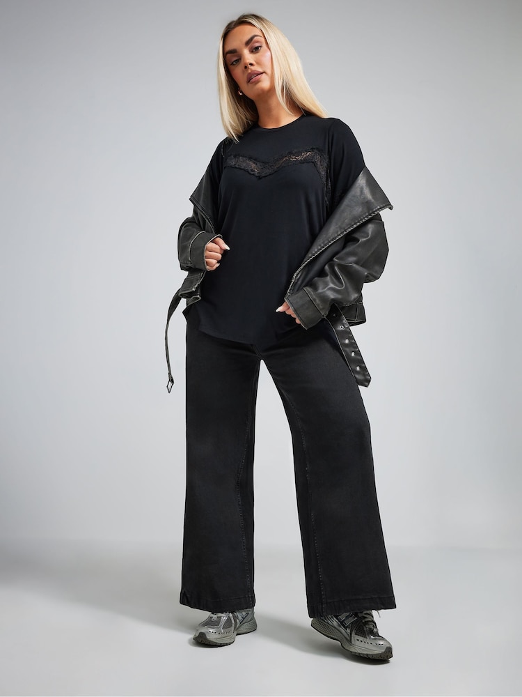 Yours Curve Black Limited Lace Insert Top - Image 2 of 5