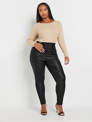 Yours Curve Black Coated AVA Trousers - Image 2 of 5