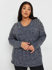 Yours Curve Blue Pearl Drop Shoulder Jumper - Image 1 of 5