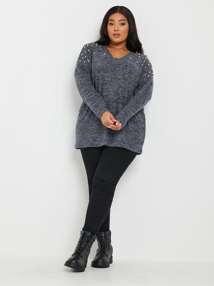 Yours Curve Blue Pearl Drop Shoulder Jumper - Image 2 of 5