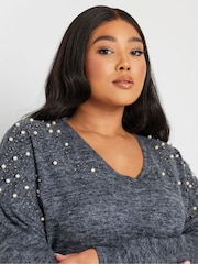 Yours Curve Blue Pearl Drop Shoulder Jumper - Image 4 of 5