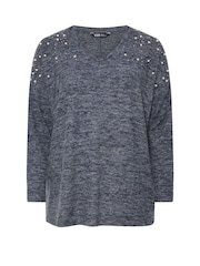 Yours Curve Blue Pearl Drop Shoulder Jumper - Image 5 of 5