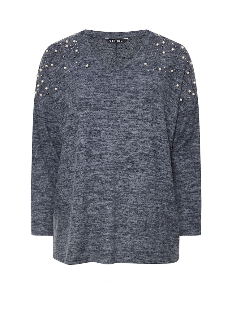 Yours Curve Blue Pearl Drop Shoulder Jumper - Image 5 of 5