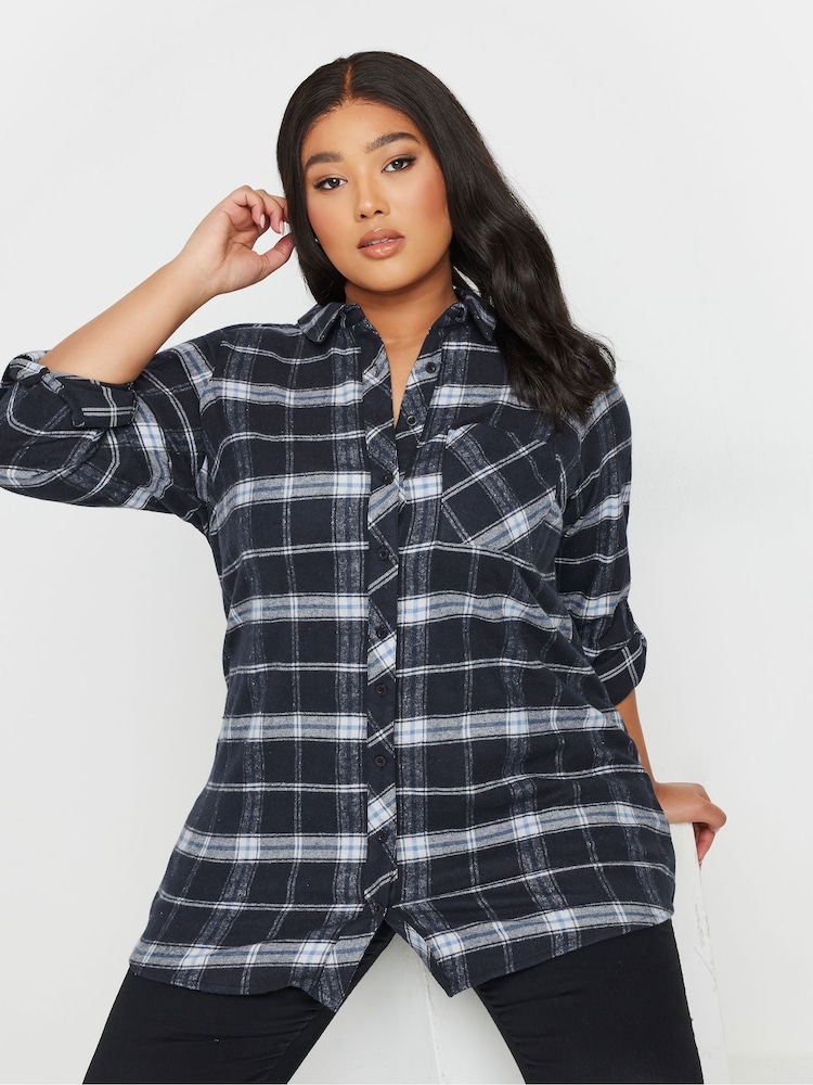 Yours Curve Blue Brushed Check 100% Cotton Shirt - Image 1 of 6