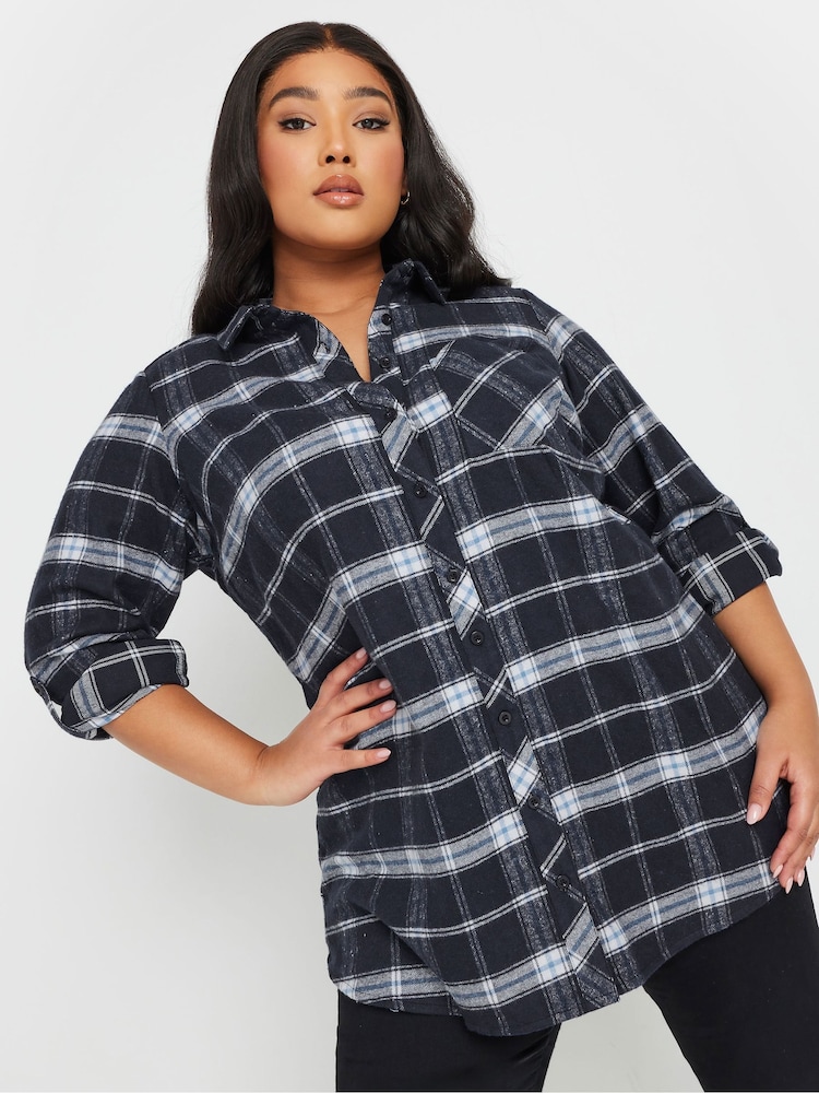 Yours Curve Blue Brushed Check 100% Cotton Shirt - Image 2 of 6